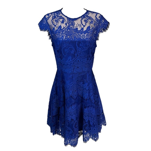 BB Dakota Dress 0 Royal Blue Fit & Flare Mini Cap‎ Sleeve Floral Elegant HOCO - Picture 2 of 11